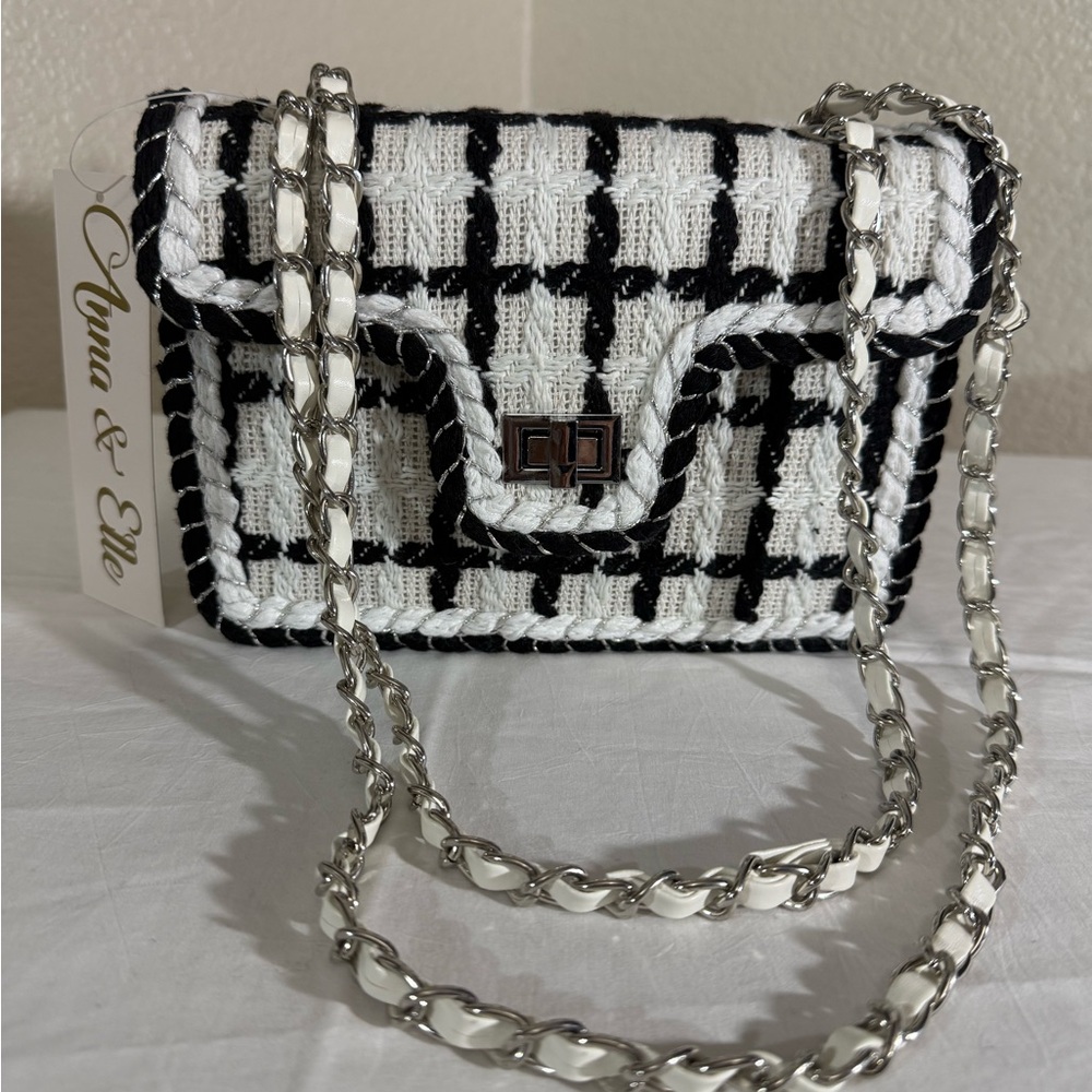Anna & Elle Black & White Faux Tweed Front Flap Closure with Chain Silver Strap